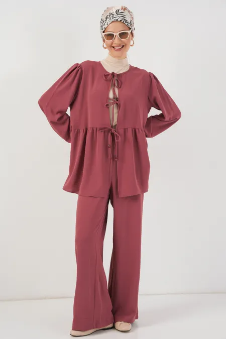 Kadın Önü Bağcıklı Tunik Pantolon İkili Takım 6744 - Gül Kurusu