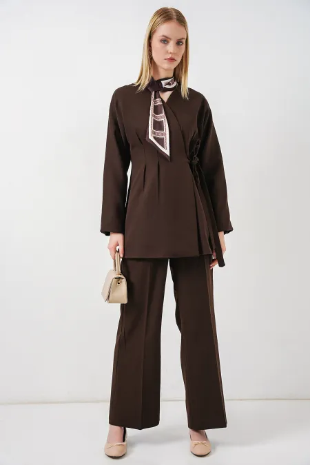 Kadın Yandan Bağlamalı Ceket Pantolon İkili Takım 30099 - Kahverengi
