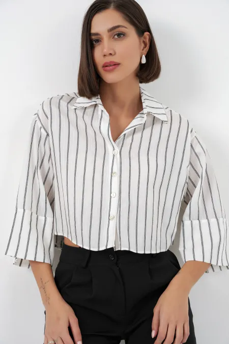 Chemise courte rayée oversize pour femme 20326 - B. Blanc