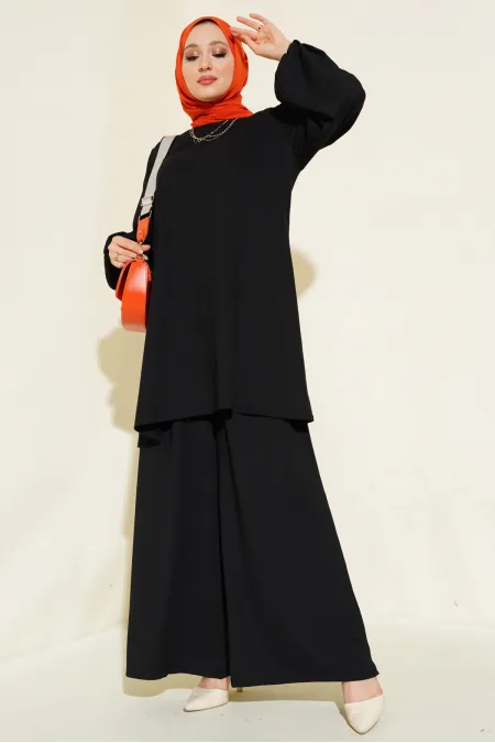 Women's Black Tunic Trousers Bottom Top Set 6663
