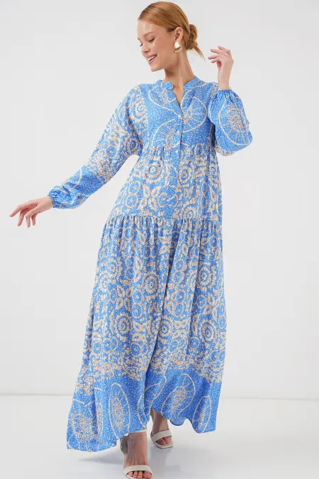 2423 Authentic Patterned Hijab Dress - S. Blue