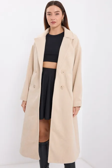 Manteau long en laine et cachemire crème, coupe ample et oversize, référence 9113