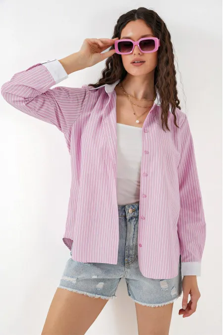 Kadın Çizgili Gömlek 20288 - Pembe