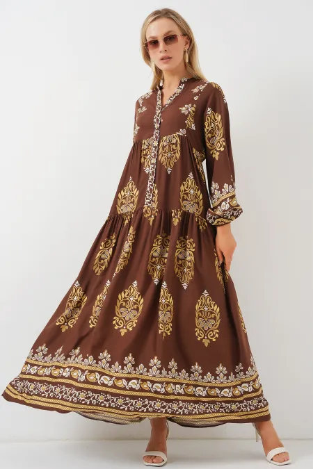 2423 Authentic Patterned Hijab Dress - White - Brown