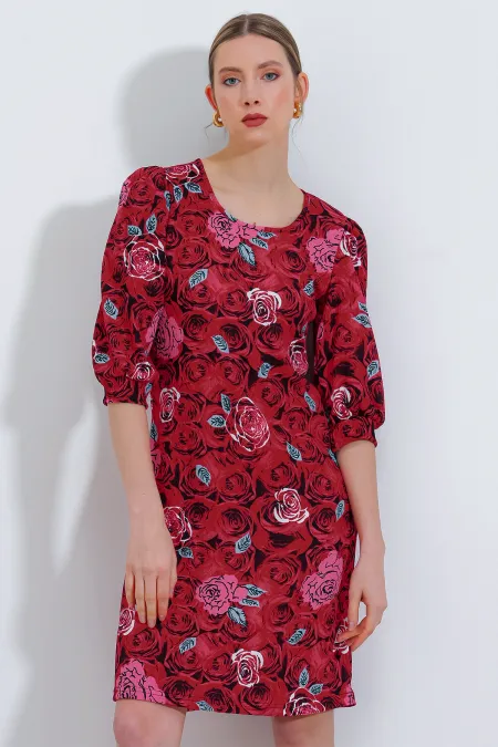 Robe midi bordeaux à motifs roses pour femme 2477