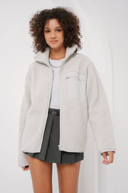 55446 Zippered Oversize Plush Jacket - Stone