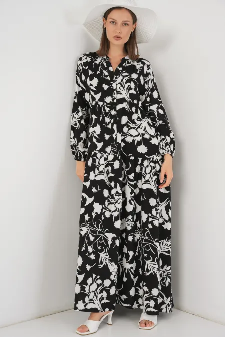 Robe longue hijab à motifs pour femme 2585 - Noir - Blanc 1