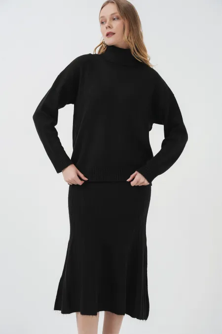 15892 Sweater Skirt Knitwear Two Piece Set - Black