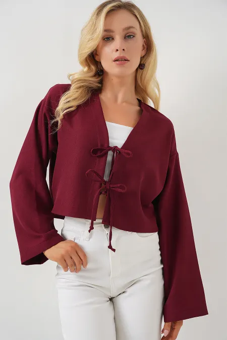 Önü Bağlamalı Keten Kimono 960 - Bordo