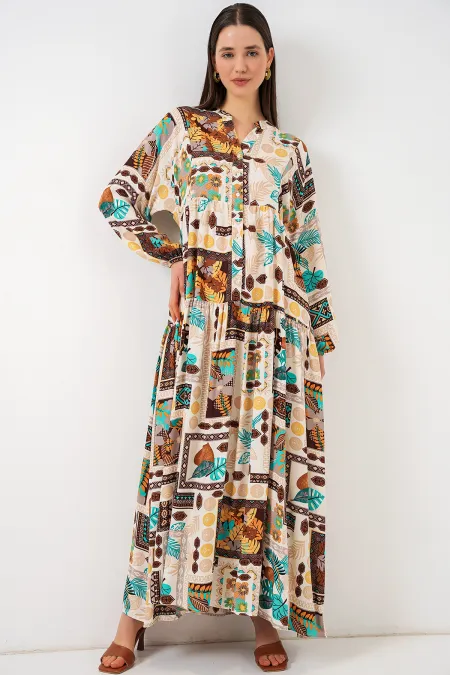 Robe longue hijab à motifs pour femme 2585 - Marron clair