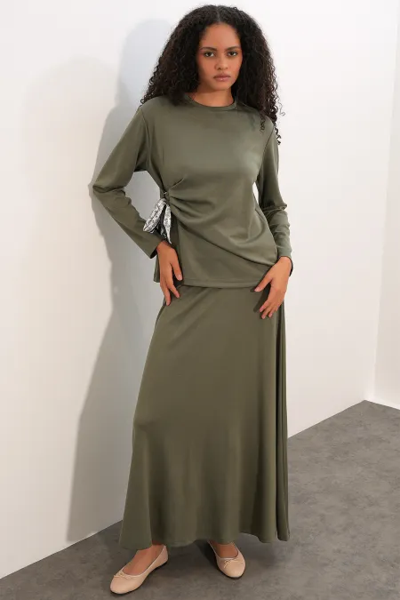 Women's Scarf Blouse and Skirt Two-Piece Set 8077 - Çağla Women's Scarf Blouse and Skirt Two-Piece Set 8077 - Çağla