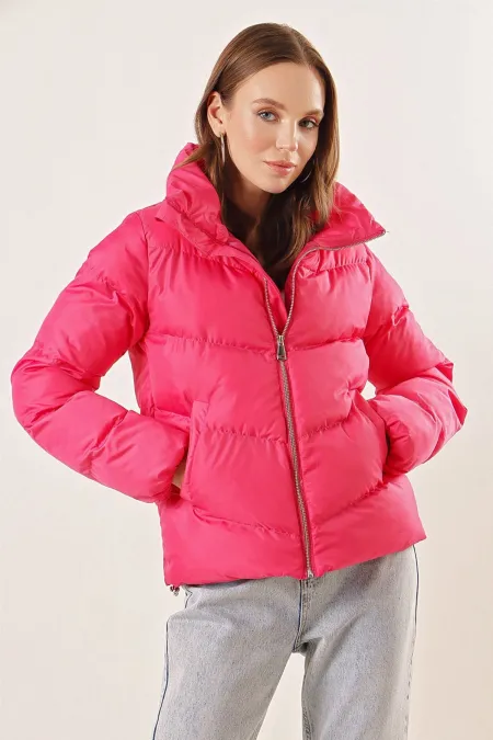 5205 Stand-Up Collar Zip-Up Puffer Jacket - Fuchsia