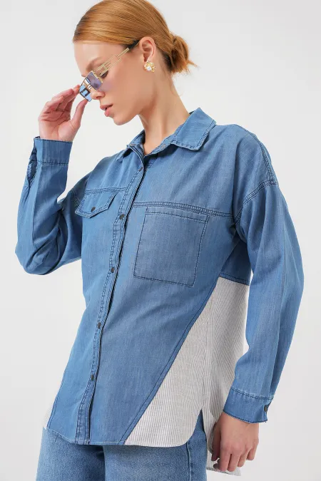 Chemise en jean à détails au dos pour femme 20305 - Bleue