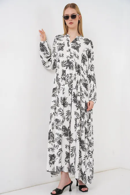 Kadın Desenli Uzun Tesettür Elbise 2585 - V. Antrasit