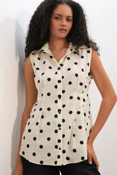 Women's Waist-Fit Polka Dot Shirt 20395 - Ecru Women's Waist-Fit Polka Dot Shirt 20395 - Ecru