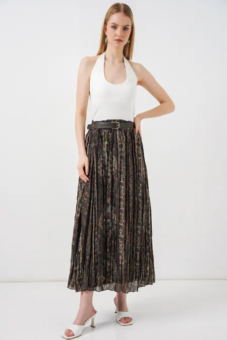 Kadın Kemerli Desenli Etek 8074 - Çağla