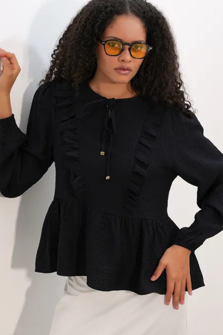 Women's Ruffled Lace-Up Blouse 999 - Black