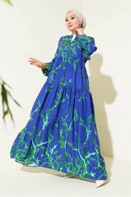 2423 Authentic Patterned Hijab Dress - Navy Blue