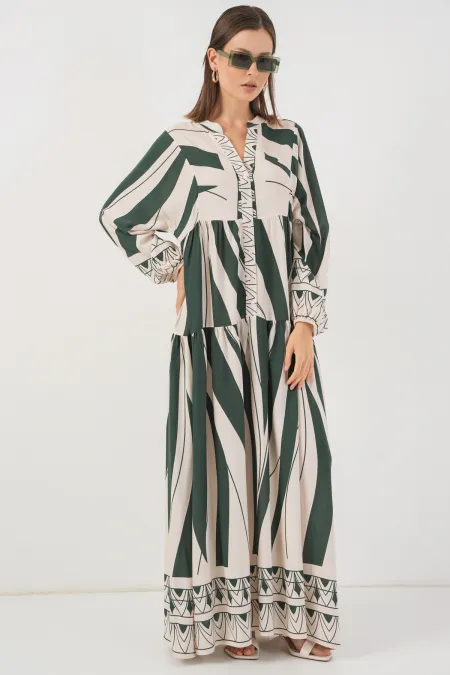 Women's Patterned Long Hijab Dress 2585 - A. Emerald Green