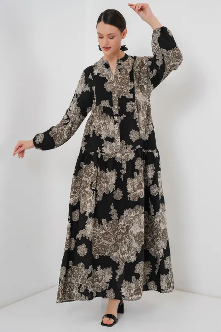2423 Authentic Patterned Hijab Dress - Black 7