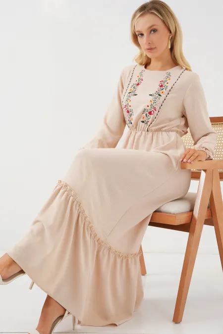 Women's Embroidered Long Hijab Dress 2550 - Cream