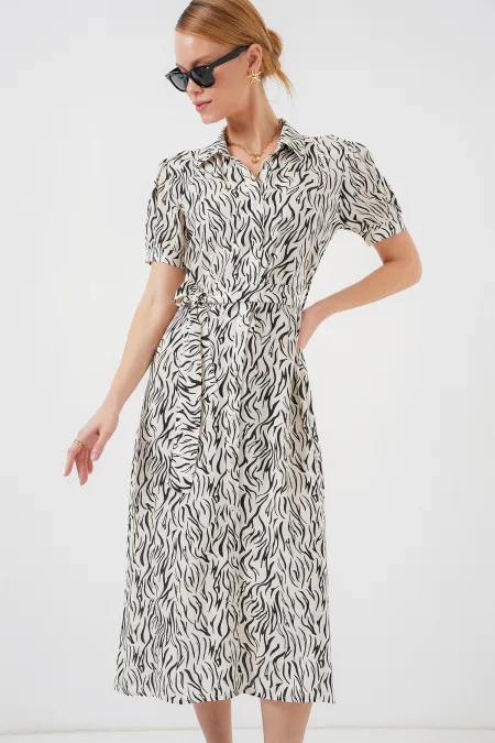 2213 Kısa Kol Viskon Elbise - C.Beyaz