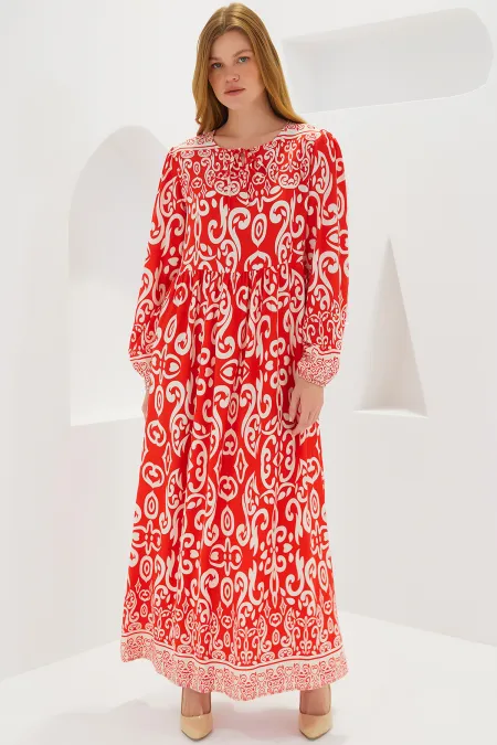 Robe longue en viscose rouge à motifs pour femme, 1947