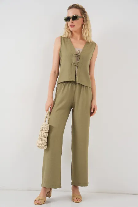 Kadın Keten Görünümlü Sıfır Kol İkili Takım 6746 - Çağla