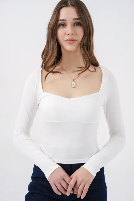 Kadın Kare Yaka Slim Fit Bluz 986 - Beyaz