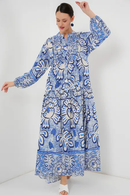 2423 Authentic Patterned Hijab Dress - Dark Blue