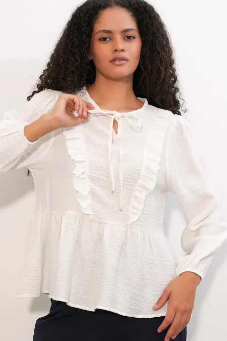 Women's Ruffled Lace-Up Blouse 999 - White