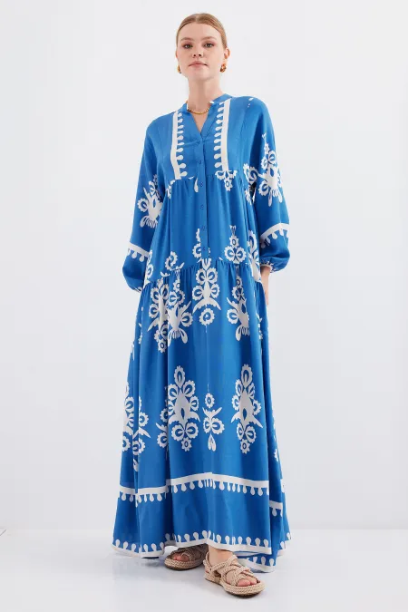 2423 Authentic Patterned Hijab Dress - White - Indigo