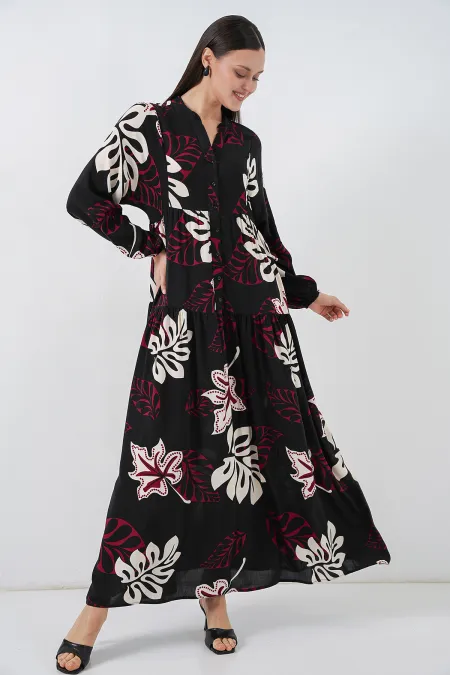 Women's Patterned Long Hijab Dress 2585 - Z.Black