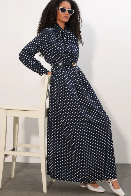 Women's Belted Polka Dot Hijab Dress 2613 - Navy Blue Women's Belted Polka Dot Hijab Dress 2613 - Navy Blue