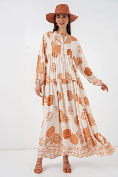 Women's Patterned Long Hijab Dress 2585 - D. Orange