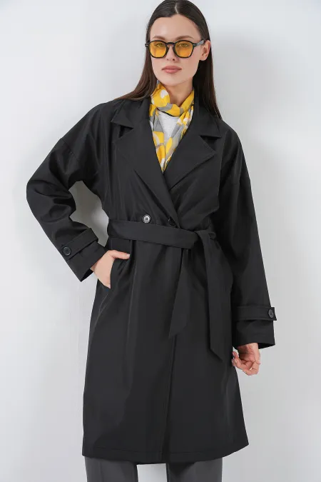 Kadın Kruvaze Yaka Trençkot 5987 - Siyah