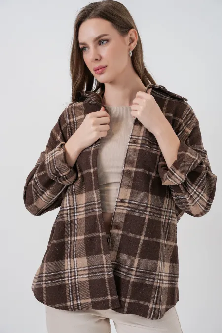 Chemise de bûcheron oversize à carreaux pour femme, modèle 3854, marron