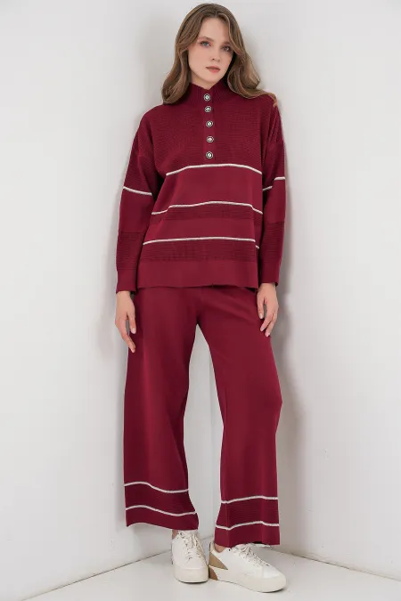 Kadın Çizgili Oversize Triko İkili Takım 15957 - Bordo