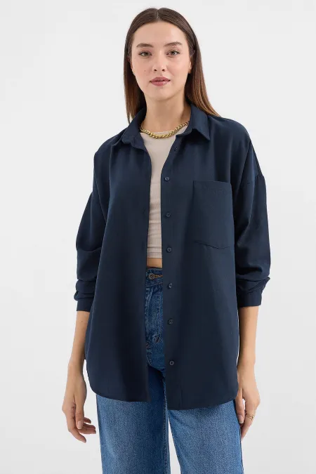 20153 Single Pocket Oversize Linen Shirt - Navy Blue 20153 Single Pocket Oversize Linen Shirt - Navy Blue