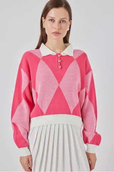 Kadın Crop Triko Kazak 15936 - C. Pembe