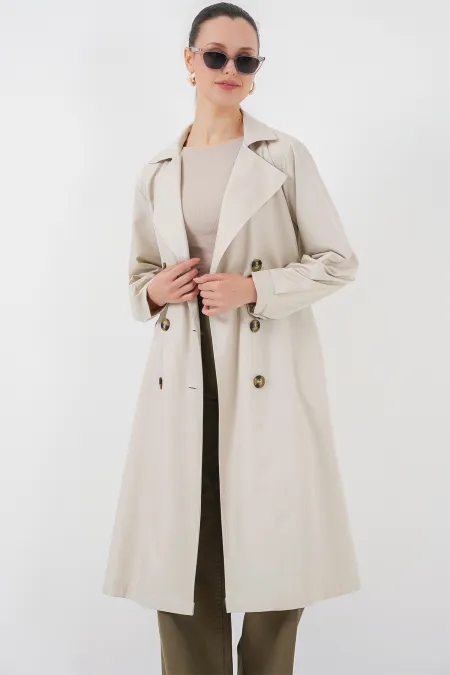 5853 Double-Breasted Trench Coat with Back Print - Light Beige 5853 Double-Breasted Trench Coat with Back Print - Light Beige