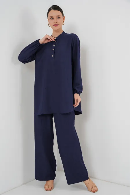 6678 Linen Tunic Trousers Two-Piece Suit - Navy Blue