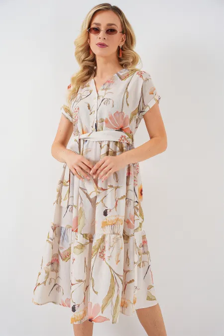 Robe à manches courtes à motifs pour femme 2558 - Crème