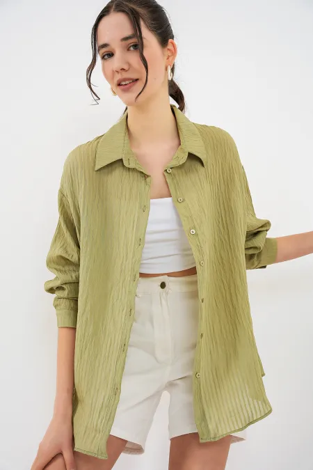 Kadın Uzun Oversize Gömlek 20320 - Çağla