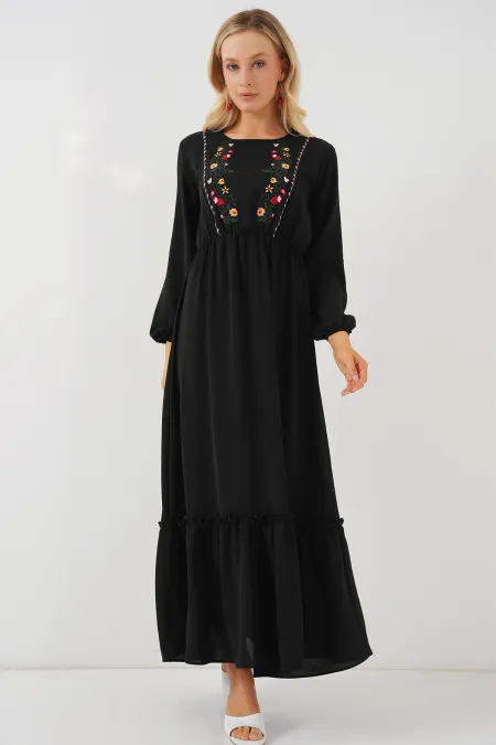 Robe longue hijab brodée pour femme 2550 - Noir