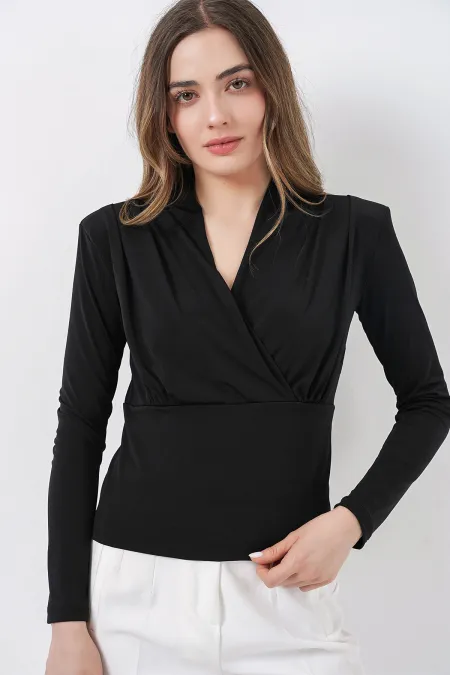 Kadın Omuz Vatkalı Kruvaze Yaka Bluz 942 - Siyah
