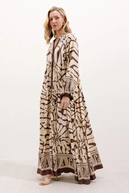 2423 Authentic Patterned Hijab Dress - Brown