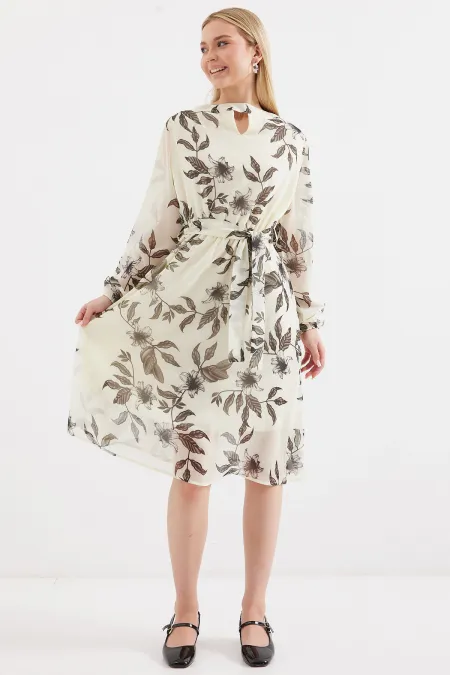 2459 Astarlı Desenli Tül Elbise - Ekru