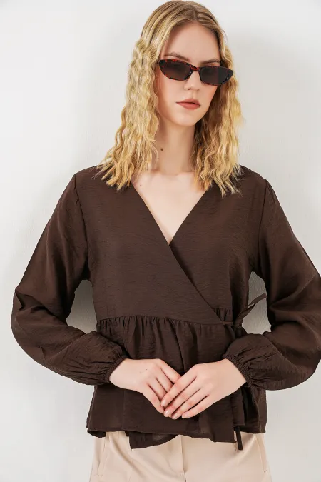 Kadın Yandan Bağlamalı Uzun Kollu Bluz 996 - Kahverengi
