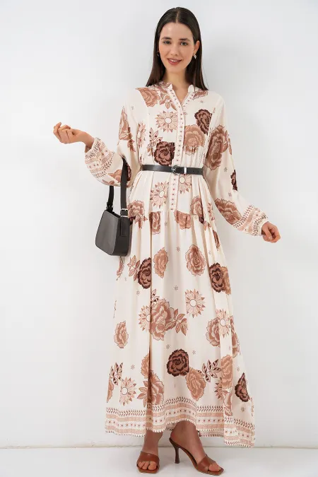 Women's Patterned Long Hijab Dress 2585 - A.Beige